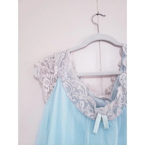 Vtg 60s Alice Maloof Women L Open Front Bed Jacket Flowy Blue Sheer Lacy Pegnoir - Picture 3 of 8